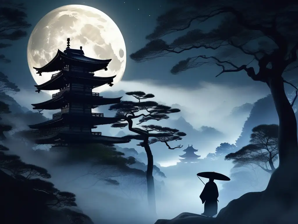 Imagen de un bosque japonés iluminado por la luna, con un Yōkai etéreo y criaturas míticas: Yōkai enigmáticos