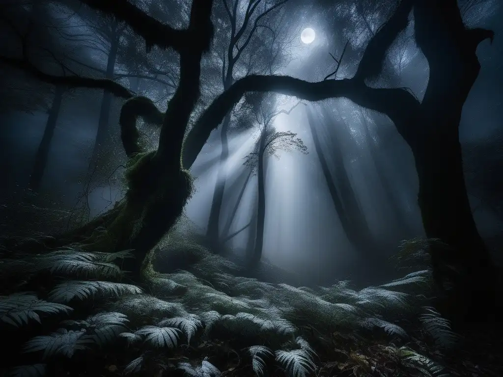 Imagen: Mitos nyctofobia y criaturas - Bosque misterioso y etéreo con árboles altos, luz lunar plateada, niebla y silueta mítica