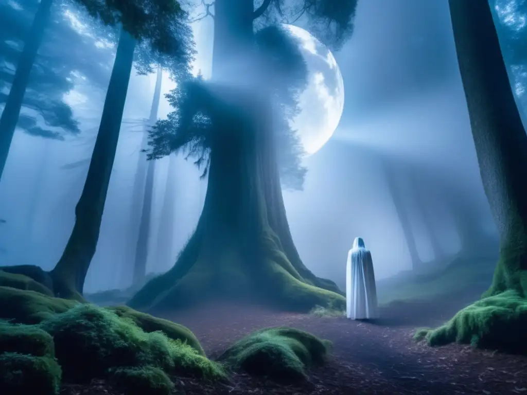 Bosque misterioso iluminado por la luna, con árboles antiguos y criaturas míticas