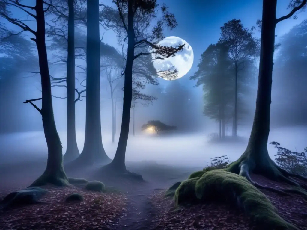 Bosque misterioso iluminado por la luna, con árboles silueteados y niebla etérea