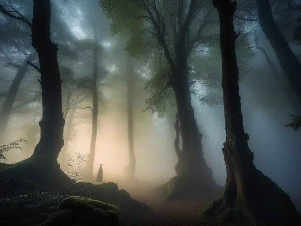 Bosque de luna misterioso, Yōkai emerge en niebla, simbolizando la cultura japonesa y la muerte