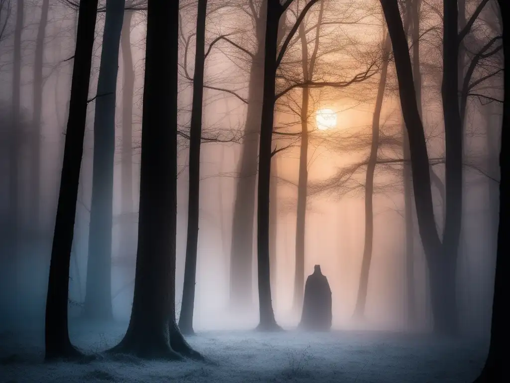 Doppelgängers mitológicos en Alemania en un bosque de niebla al atardecer