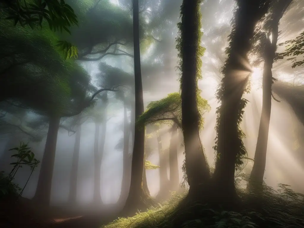 Bosque místico en Asia con árboles antiguos y espíritus mitológicos