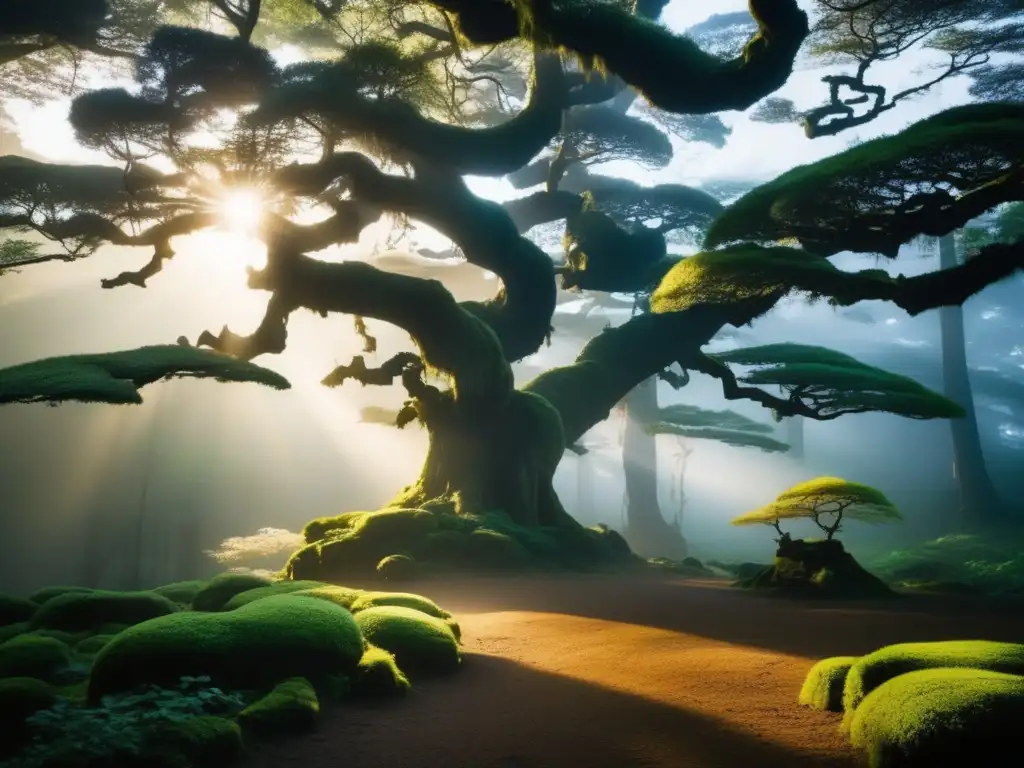 Paisaje místico en el corazón de Japón: bosque neblinoso con árboles antiguos, rayos de sol, criaturas míticas y un imponente Oni tatuado