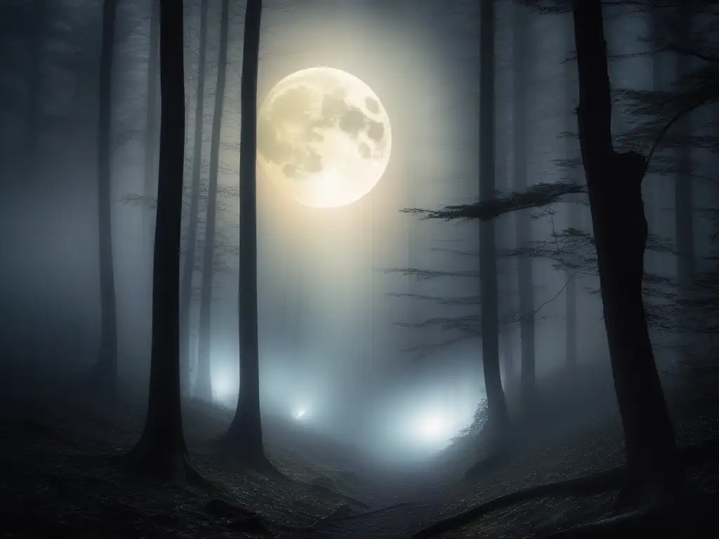 Espíritus y fantasmas en Asia: bosque nocturno con neblina, figuras etéreas y misteriosas, atmósfera sobrenatural