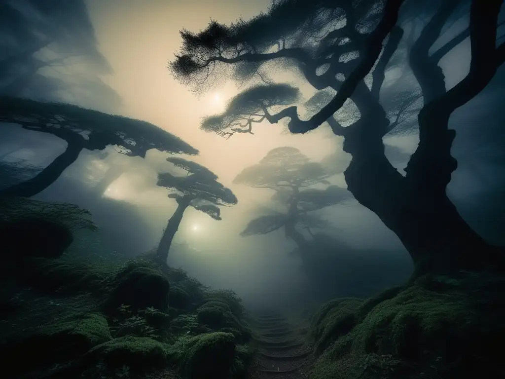 Bosque misterioso iluminado por la luna Influencia criaturas mitológicas japonesas: Bosque misterioso iluminado por la luna, árboles antiguos envueltos en niebla, presencia de yokai oculto