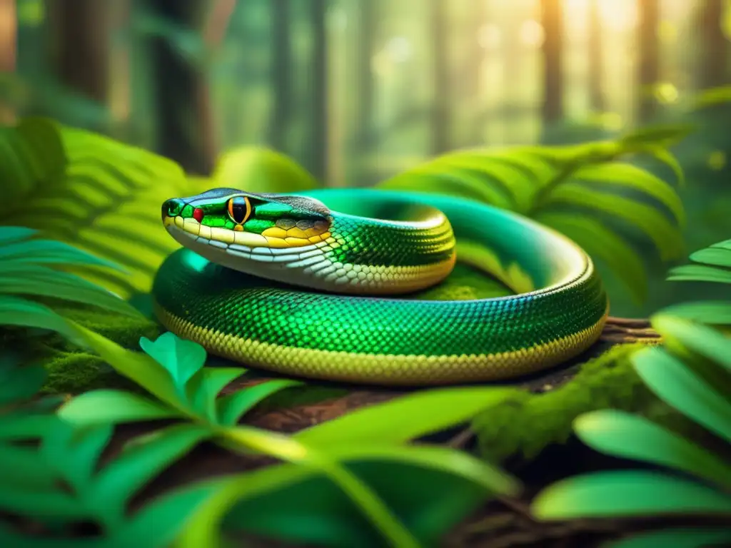 Una serpiente de la mitología vasca se desliza entre árboles y flores, simbolizando la fertilidad y conexión con la tierra