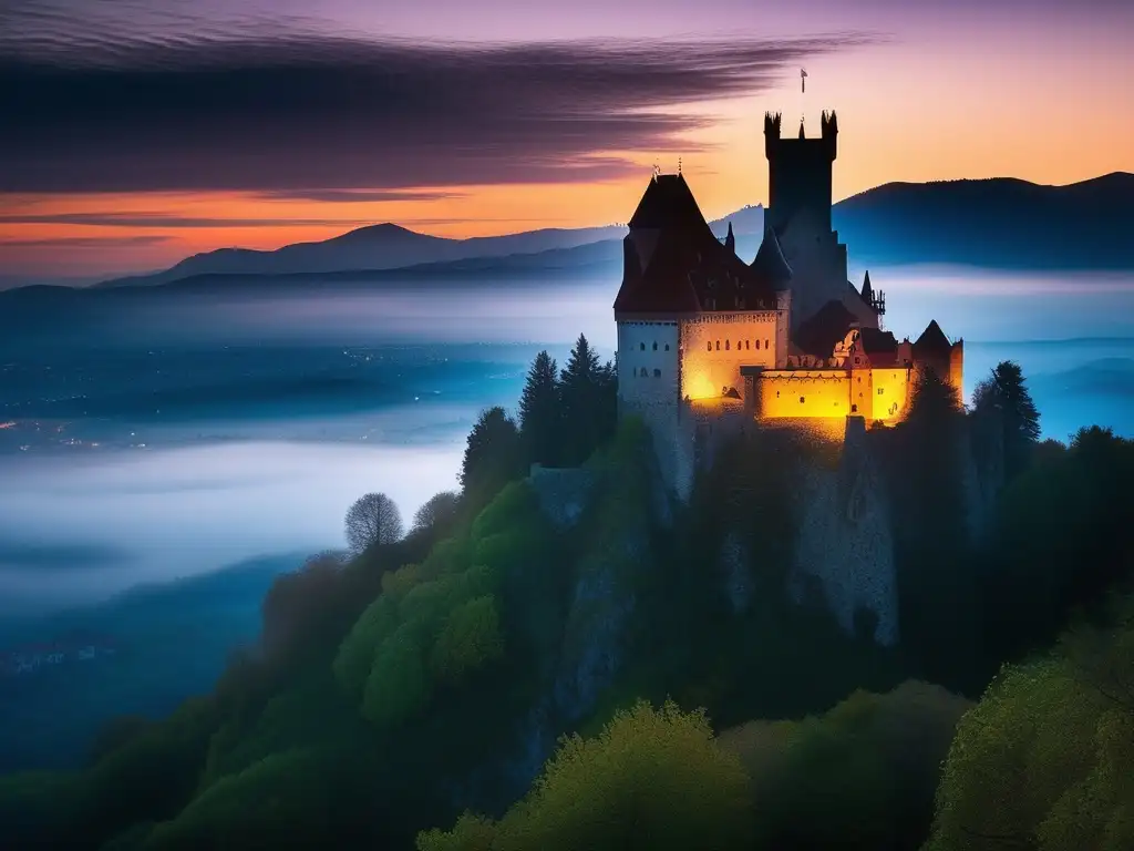 Castillo Drácula: morada conde famoso, escena misteriosa y cautivadora del icónico Bran Castle al atardecer