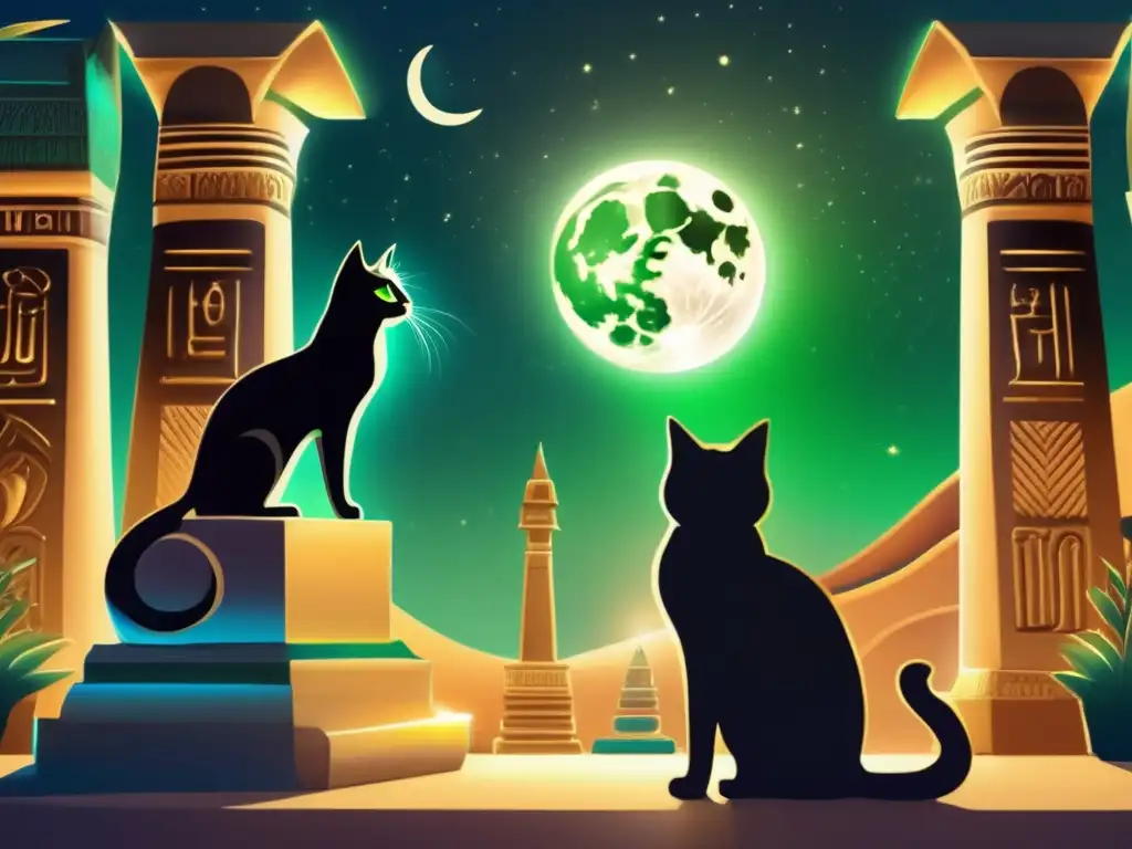 Gatos negros y la luna: simbolismo nocturno en un templo egipcio misterioso