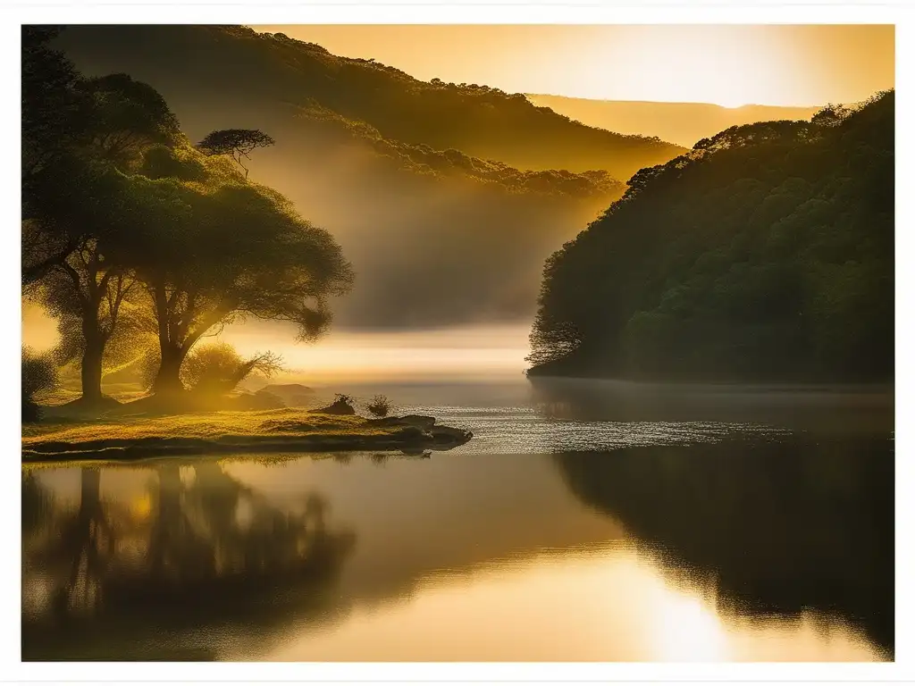 Imagen mistica de lago y bosque con castillo, evoca historia y leyendas de Camelot