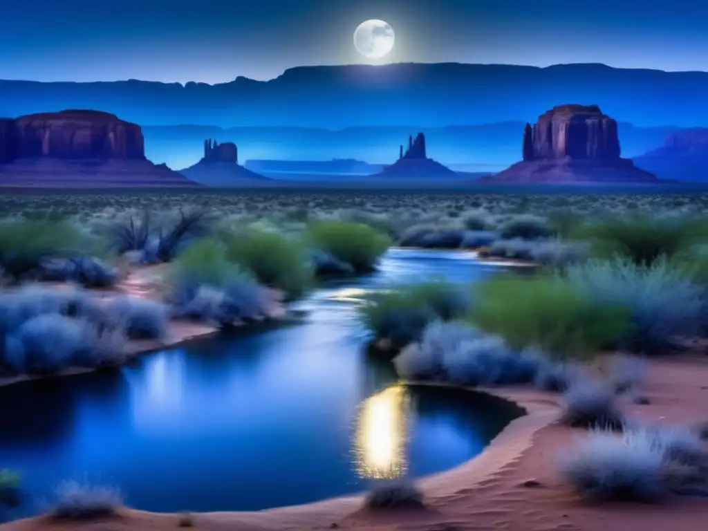 Paisaje nocturno del desierto de los Apache con criaturas míticas