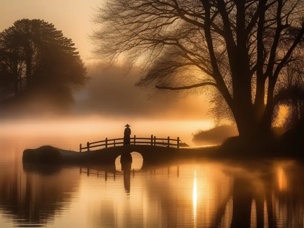 Imagen mística de un río cubierto de niebla al anochecer con una figura solitaria y un puente de piedra