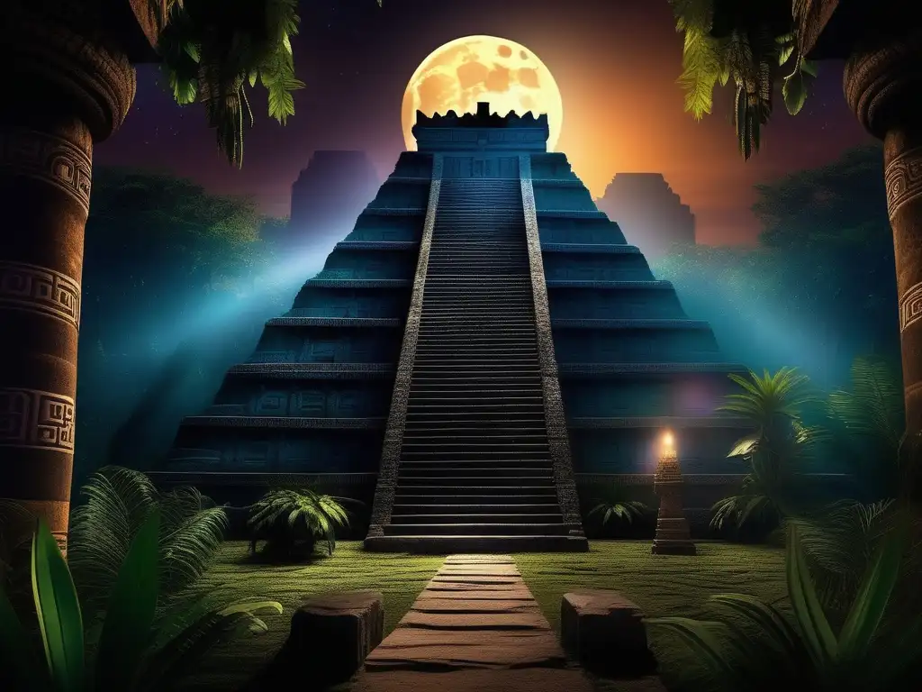 Templo azteca iluminado por la luna en la jungla: Mictlán viaje submundo azteca