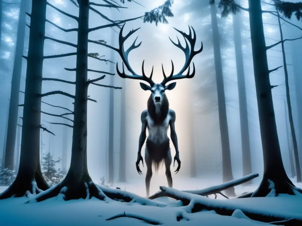 Wendigo, criatura mítica de la tribu Ojibwe, en un bosque místico, con árboles antiguos y niebla