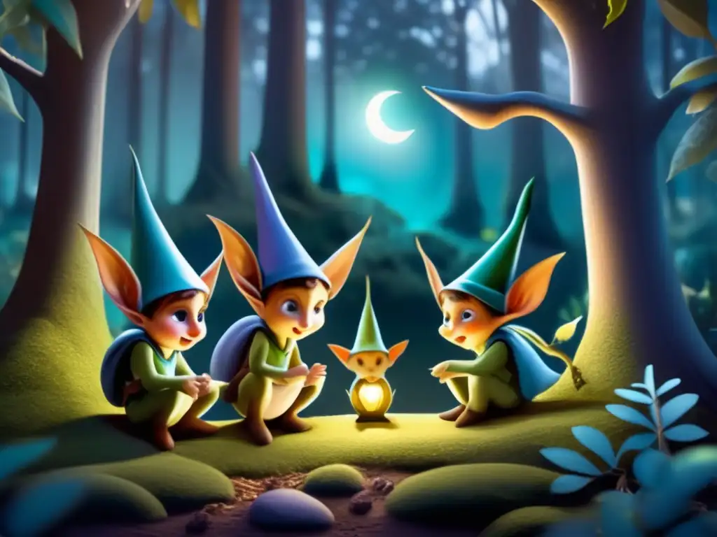 Duendes traviesos en un bosque argentino iluminado por la luna - Historias duendes traviesos Argentina