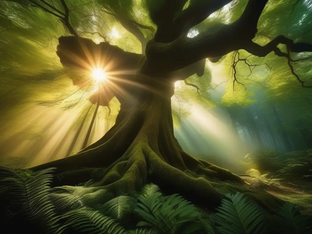 Mitos de bendiciones y maldiciones humanas en un bosque místico, con árboles majestuosos y un altar sagrado rodeado de energías sobrenaturales