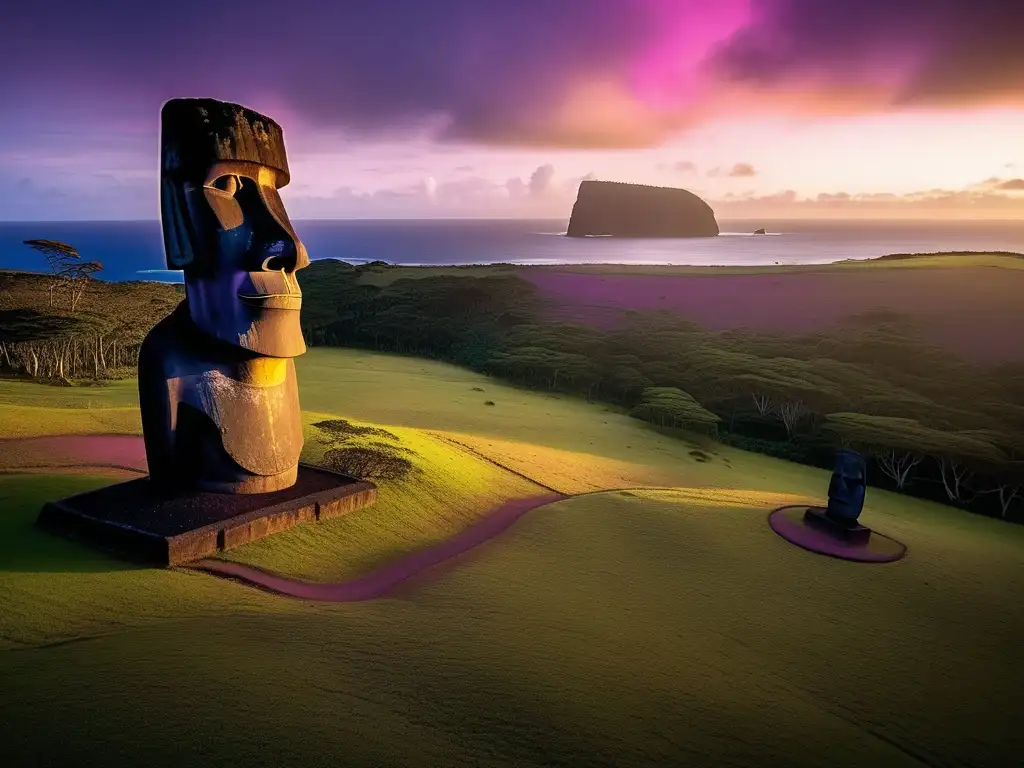 Criaturas míticas de la Isla de Pascua en paisaje místico