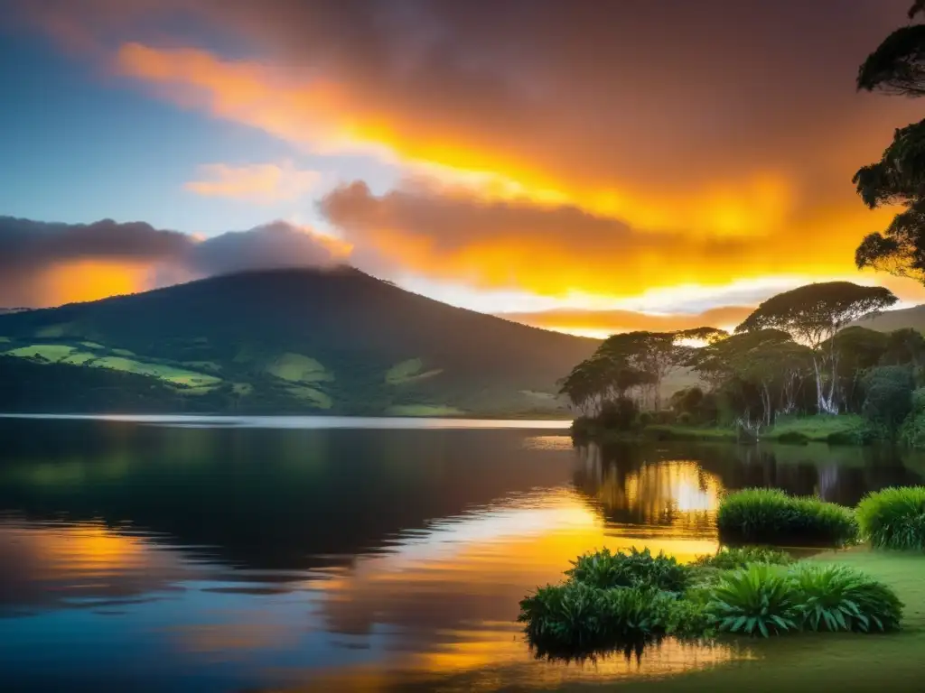 Criaturas míticas en Laguna Guatavita, un paisaje etéreo y cautivador, bañado en dorada luz