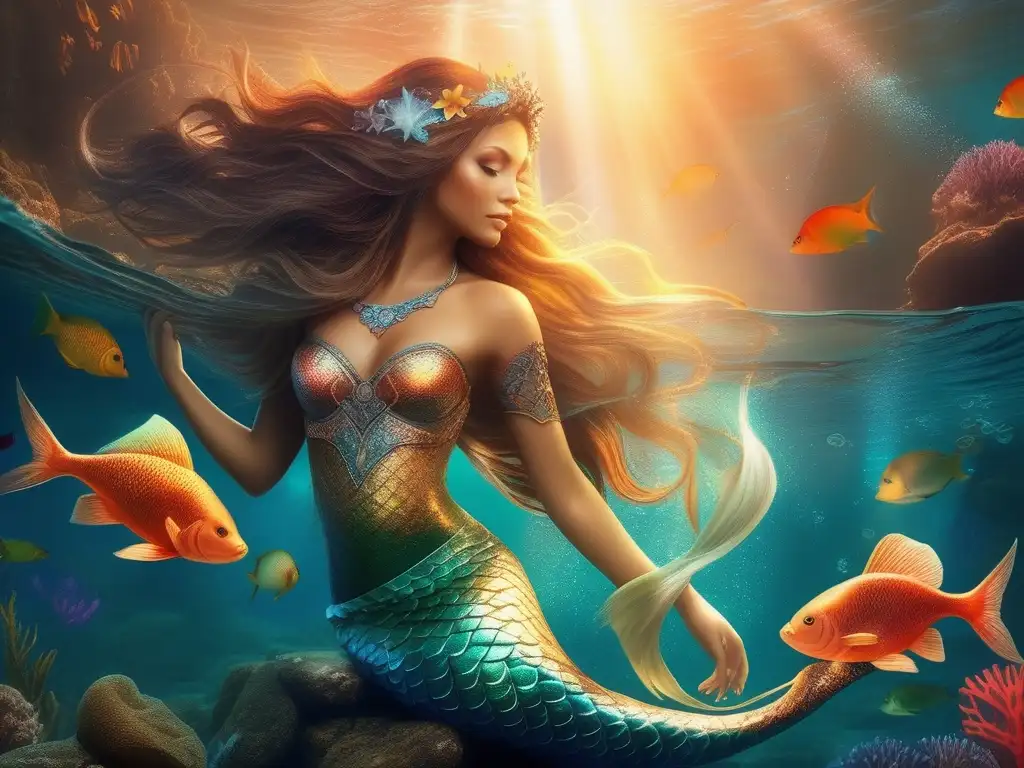 Mermaid en escena acuática rodeada de arrecifes de coral y tatuajes simbólicos de sirenas antiguas