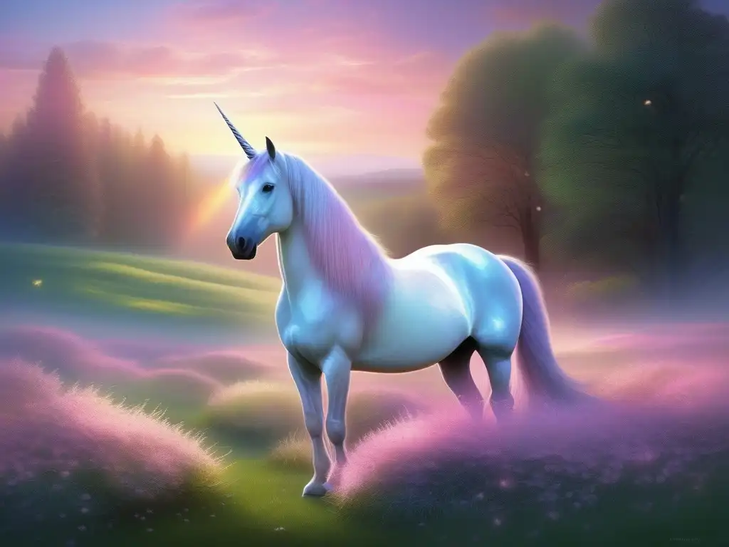 Criaturas míticas en celebraciones de Año Nuevo con unicornio majestuoso en paisaje sereno