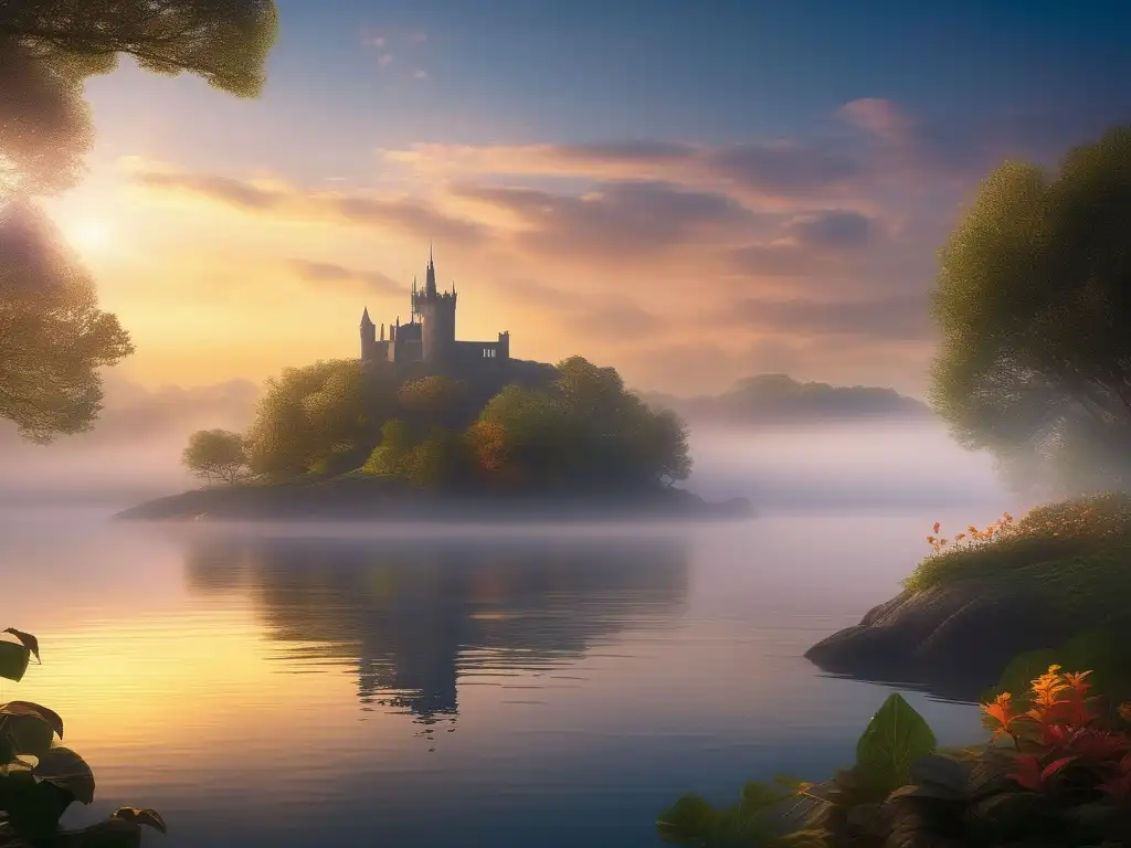 Descubriendo la verdad de Avalon: imagen mística de la isla envuelta en neblina al amanecer, con un castillo majestuoso emergiendo