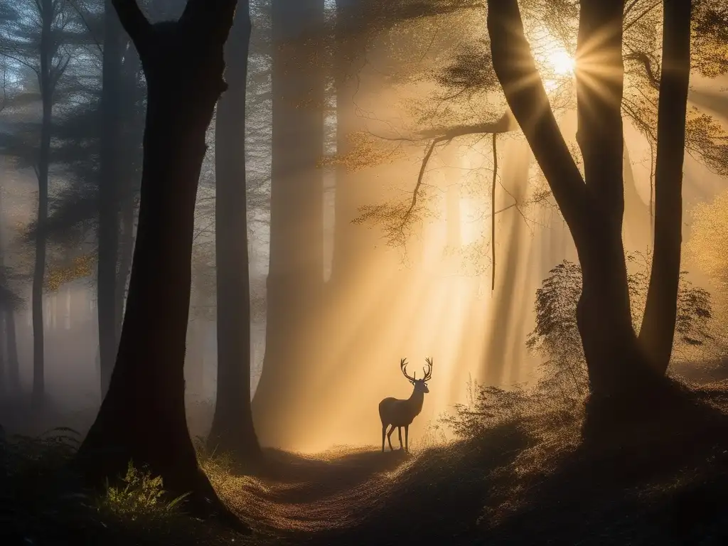 Imagen de un bosque neblinoso al amanecer con un majestuoso ciervo y símbolos mágicos