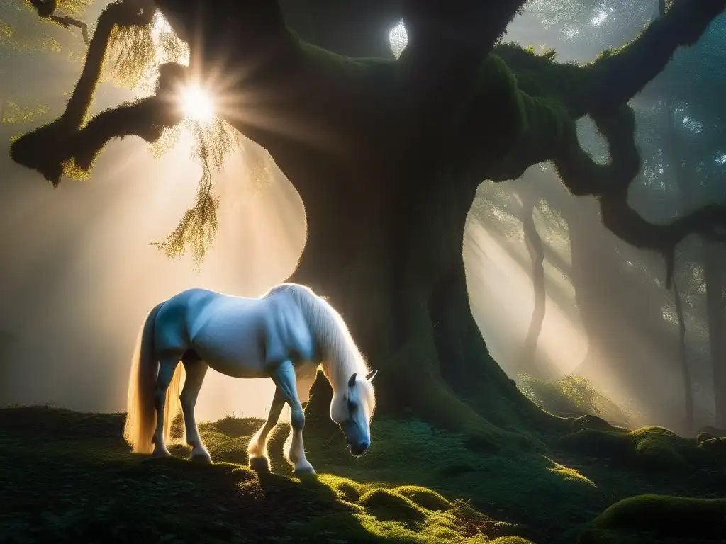 Influencia de criaturas legendarias en la cultura: Bosque mistico con unicornio majestuoso