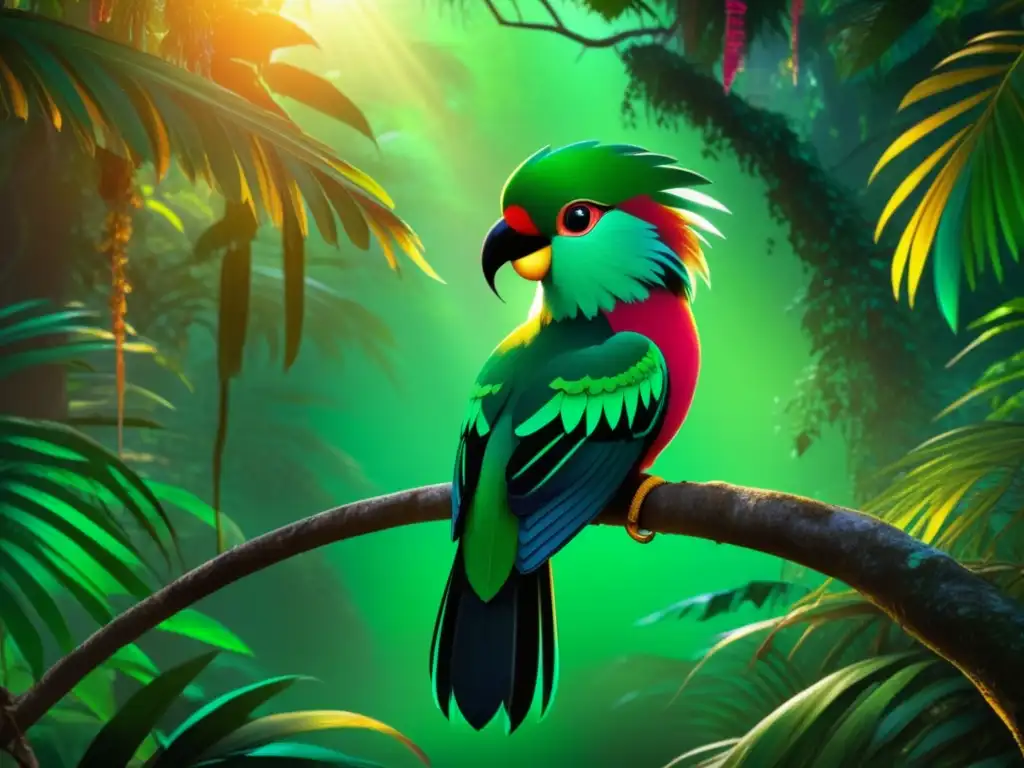 Importancia dioses animales medicina mesoamericana: Quetzal y jaguar en místico amanecer de la selva