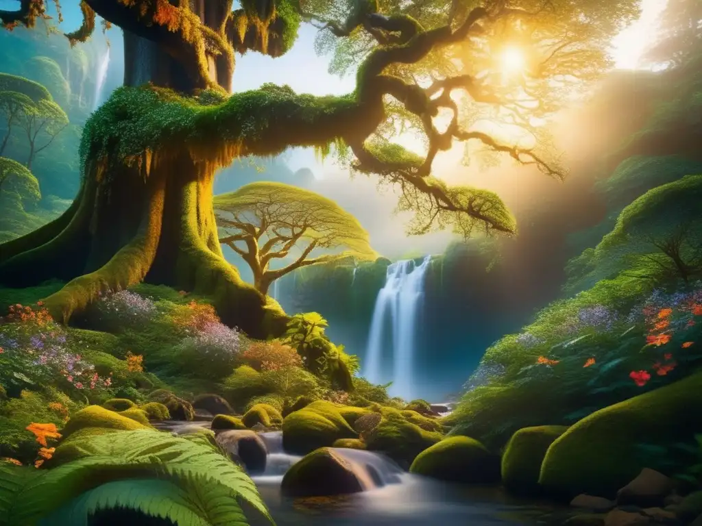 Mitología aborigen en películas australianas: Escena mística con un hermoso bosque, árboles antiguos, flores exóticas y una cascada brillante