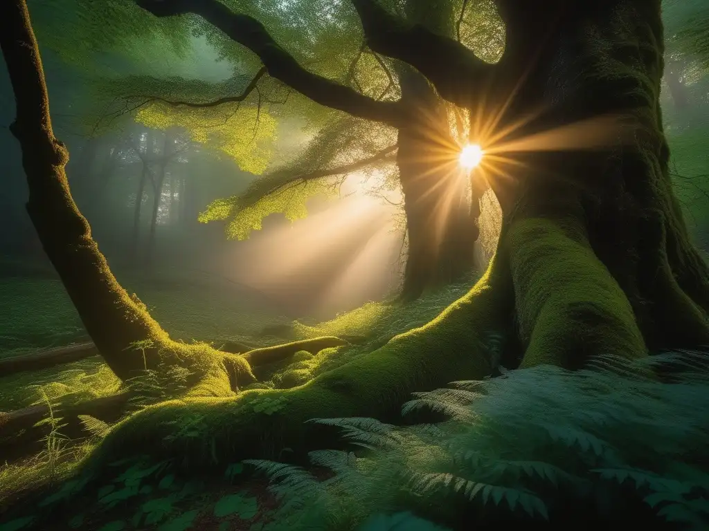 Bosque místico bañado en luz dorada; mitos de bendiciones y maldiciones humanas