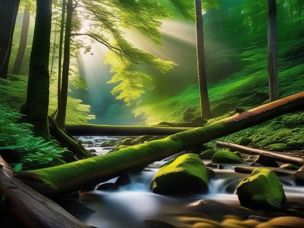 Influencia de los mitos celtas en un bosque místico y sereno con ríos cristalinos y árboles majestuosos