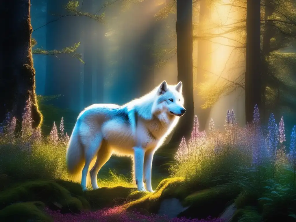 Bosque místico con lobo blanco y criaturas míticas Bosque místico con lobo blanco y criaturas míticas