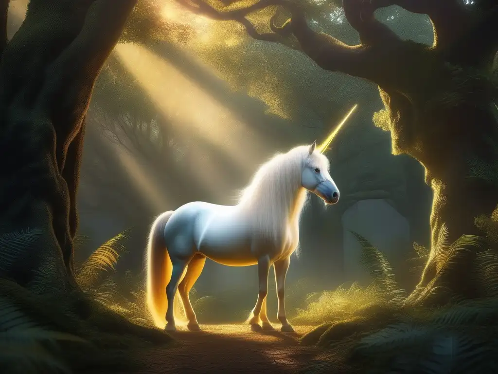 Bosque místico con criatura mágica Mascotas míticas en cuentos: un bosque místico con un majestuoso unicornio plateado y personajes de cuentos, exudando serenidad y significado