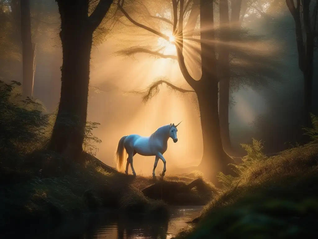 Bosque místico al atardecer con unicornio, criaturas míticas y magia