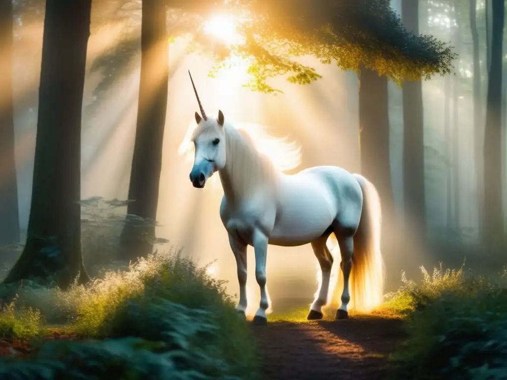 Imagen: Bosque neblinoso al amanecer con unicornio, leyendas urbanas modernas criaturas mitológicas