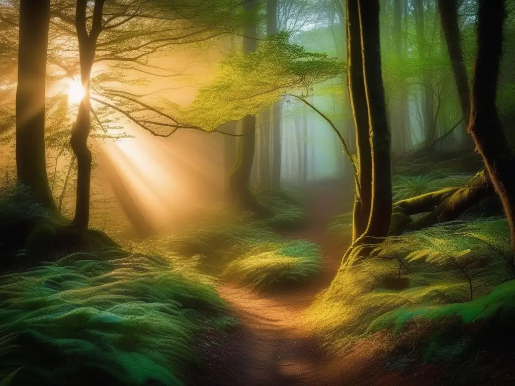 Bosque místico de Brocéliande, luz dorada entre árboles antiguos, sendero serpenteante hacia neblina