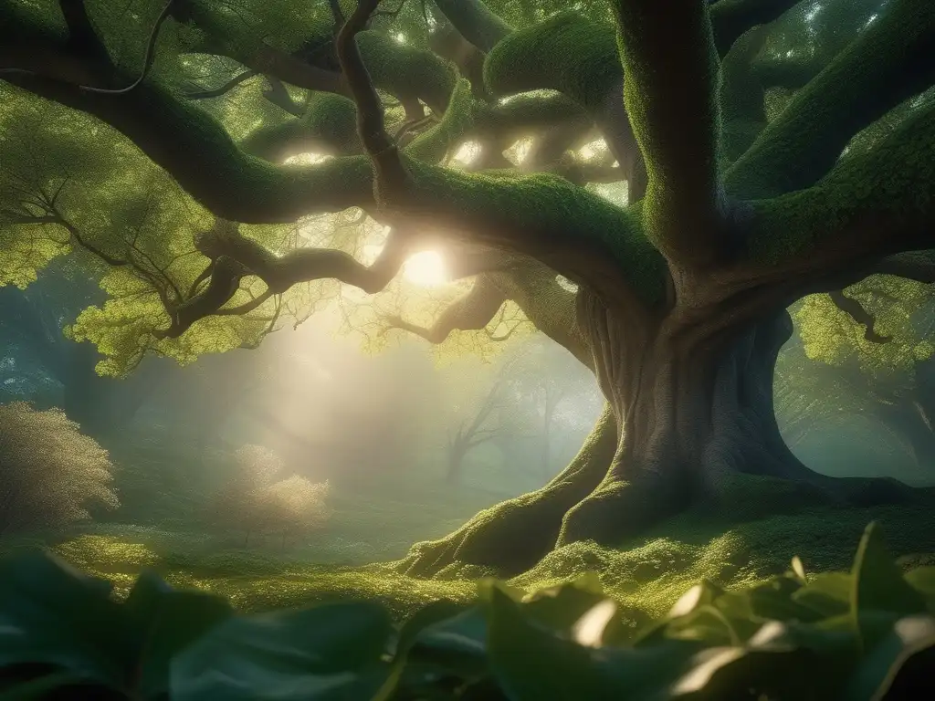 Orígenes míticos de los cambiaformas en un bosque encantado con un majestuoso roble y criaturas místicas