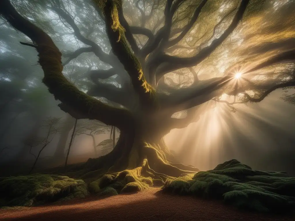 Inmortalidad de héroes y villanos en místico bosque de sombras y luz dorada, figura inmortal envuelta en aura de poder y misterio