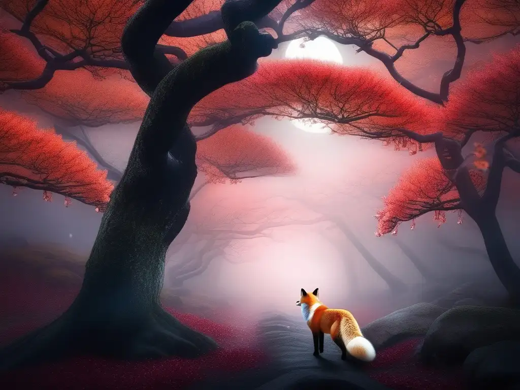 Un místico Kitsune emerge en un bosque japonés, rodeado de cerezos en flor