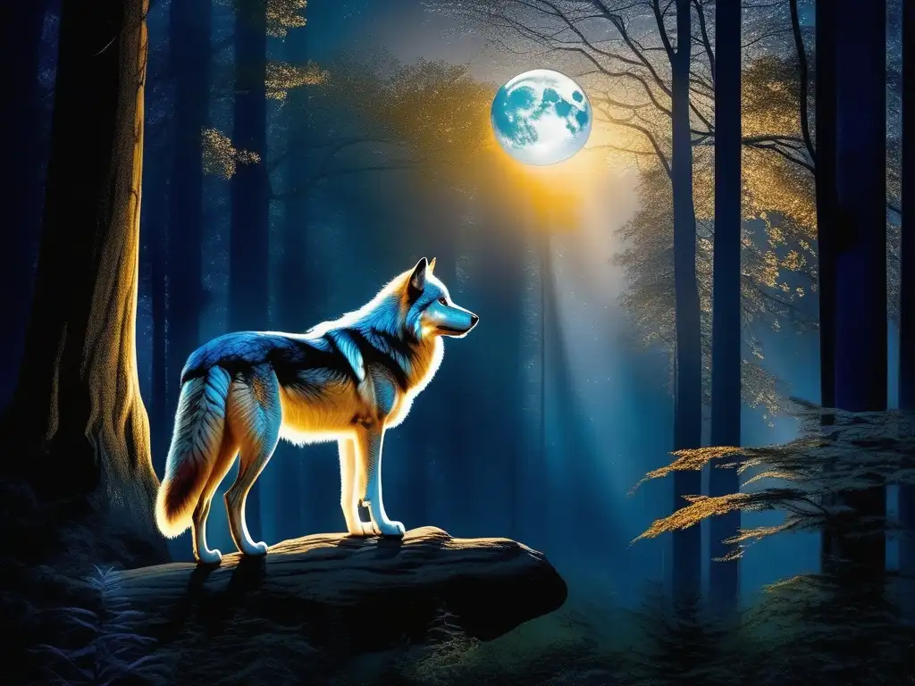 Simbolismo del lobo en la mitología: místico bosque, rayos de luna, lobo plateado, ojos dorados, poder primal