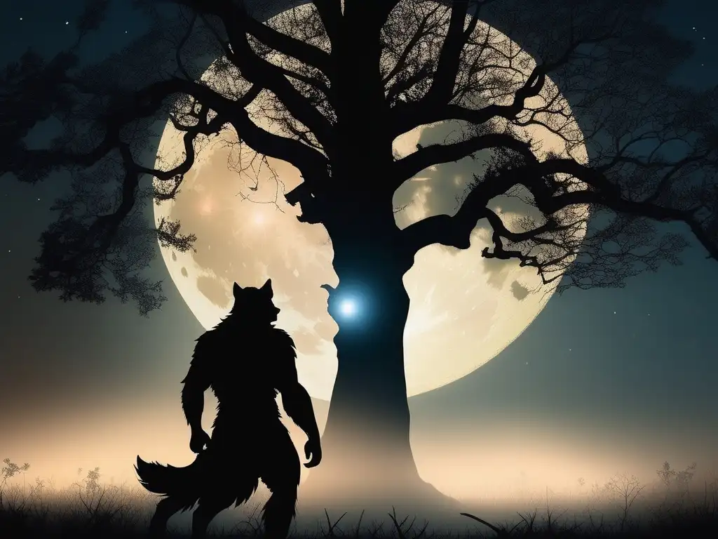 Bosque místico con luna llena, árbol antiguo y hombre lobo en transformación - Origen y mitología de los hombres lobo