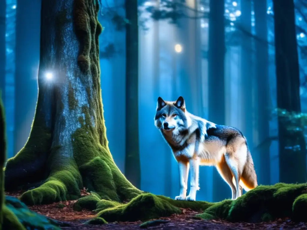 Simbolismo del lobo en mitología: bosque místico iluminado por la luna, árboles antiguos y majestuoso lobo plateado