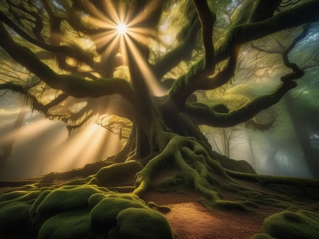 Bosque místico al atardecer, con árboles antiguos, luz dorada y el dragón turco 