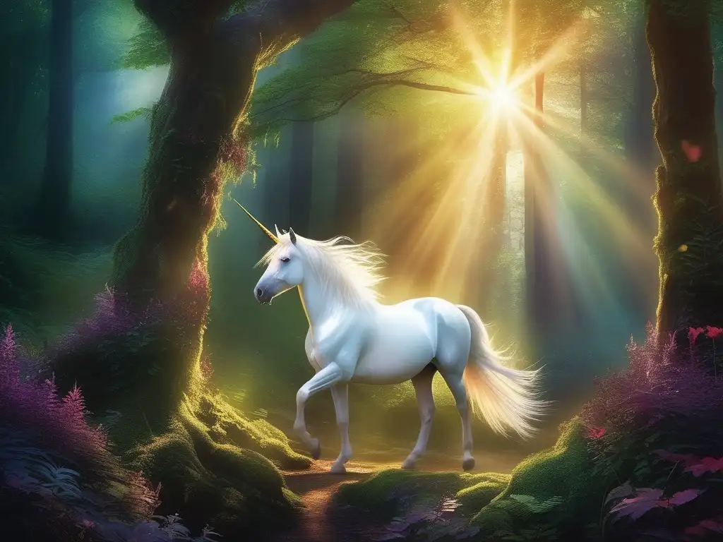 Mascotas míticas para héroes legendarios en un bosque encantado con unicornos, dragones y fénix