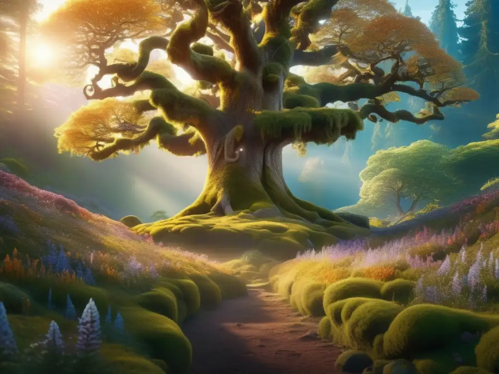 Influencia criaturas legendarias en cine: Bosque místico con árbol antiguo, unicornio, dragón y hadas en vibrante escena de fantasía