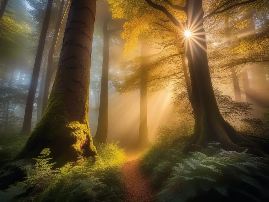 Bosque místico bañado en luz dorada, árboles antiguos, flores vibrantes, niebla mágica