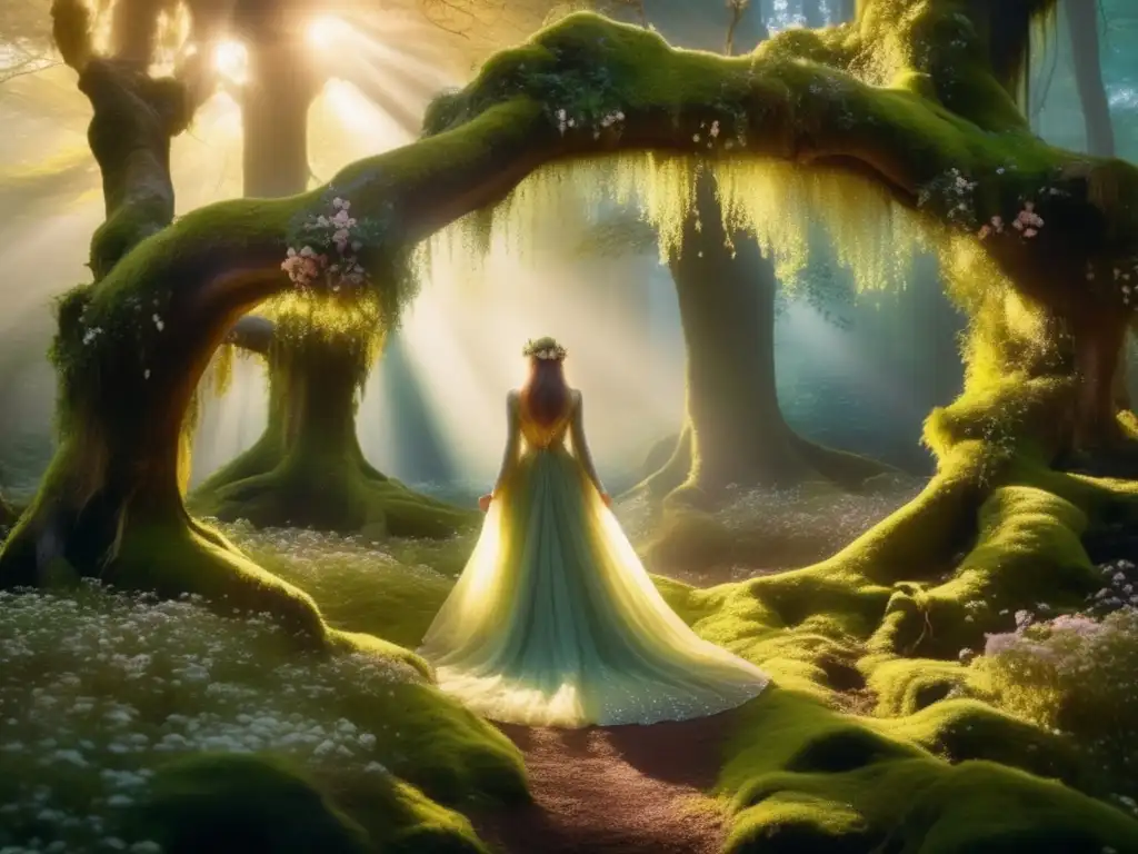 Transformaciones míticas en leyendas Arturo: bosque místico, luz dorada, figura en vestido etéreo, símbolos míticos