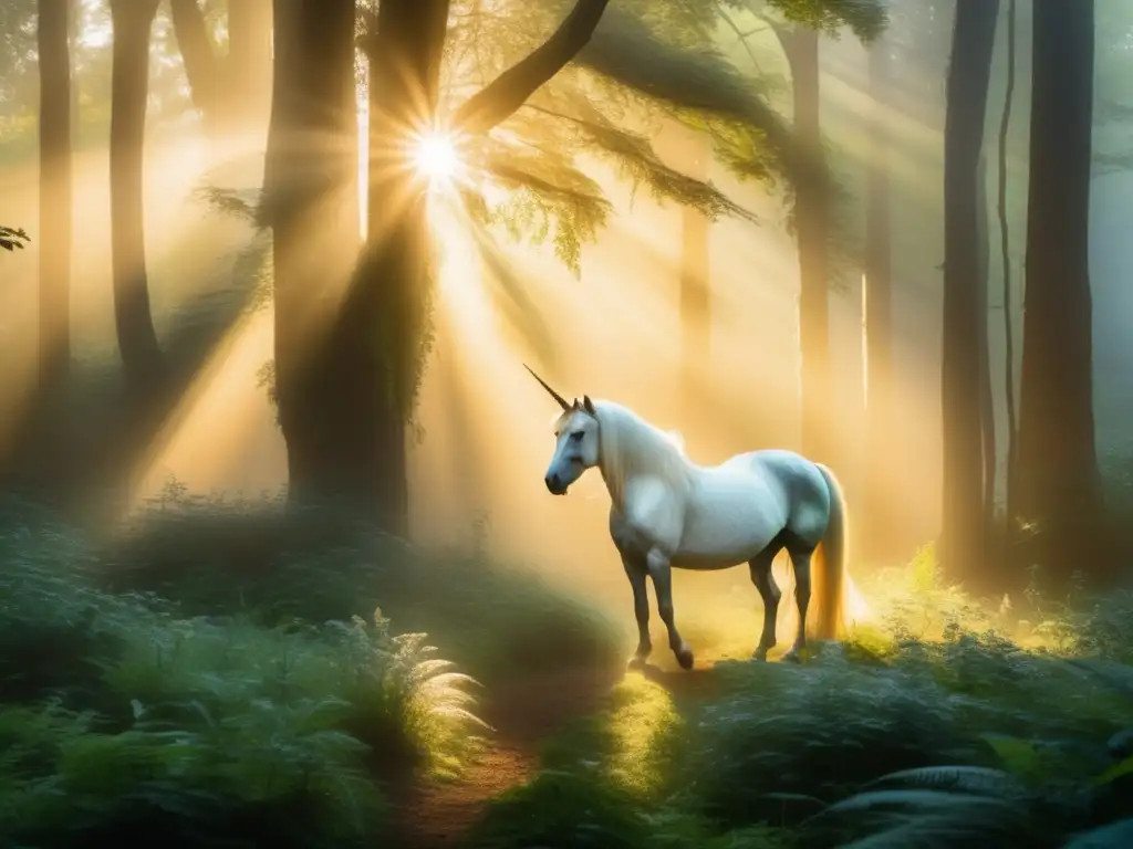 Bosque místico bañado en luz dorada con unicornio y ritos de despedida