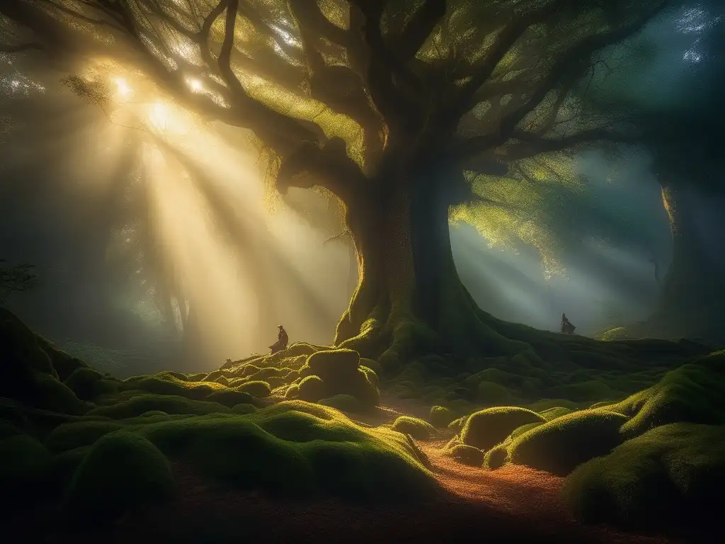 Hermoso bosque místico al atardecer con elfos guardianes