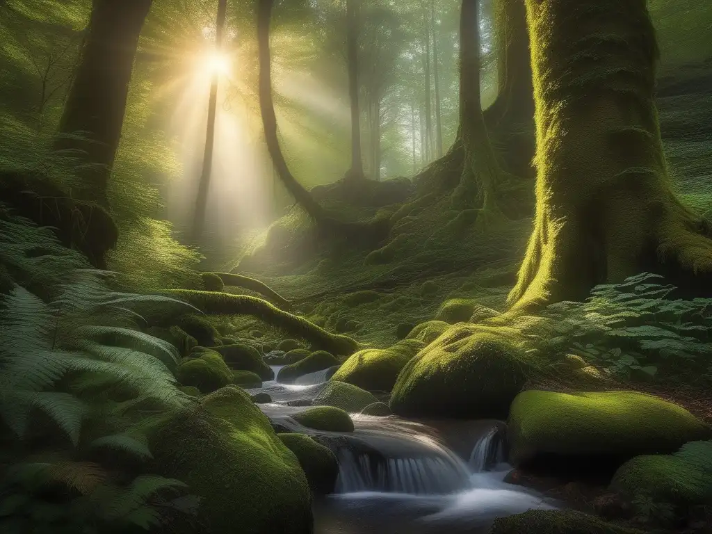 Bosque místico con árboles antiguos, musgo vibrante y criatura mítica